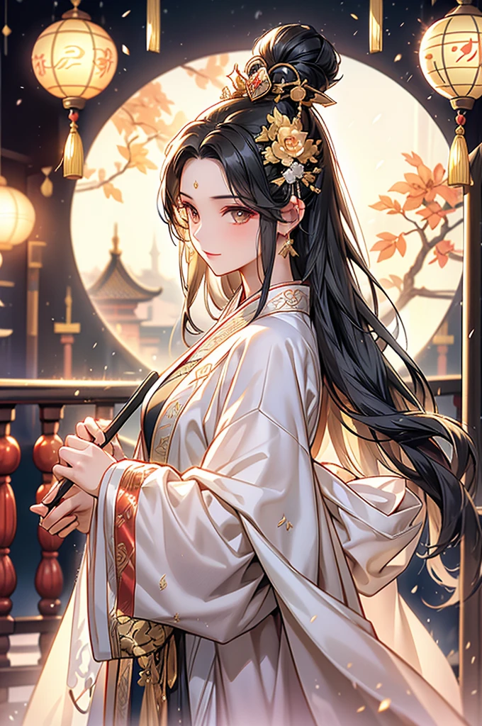 Black Hair, Immortal, Beauty, Royal sister, Stepmother, White Taoist robe, Golden Phoenix Coronet, Hair Bunch, Mature Woman