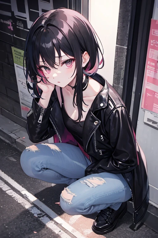 Viewed from a high angle、She has short, pink-tinged black hair and wears a tank top and jeans.、Putting on a loose leather jacket、He has a bandaid on his face、A woman with a dark heroic vibe crouching on a dark street