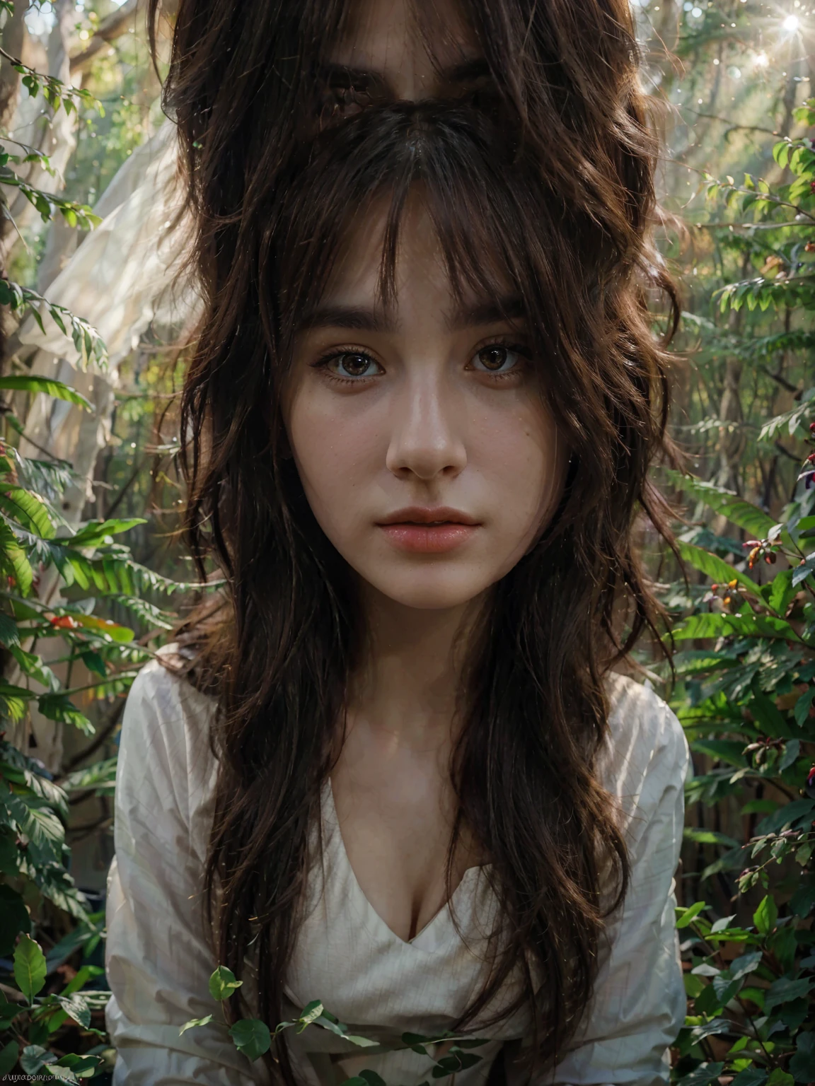 a mysterious and beautiful brown-haired girl, enjoying the sunset in a beautiful forest, delicate detailed face, beautiful eyes, full lips, long eyelashes, elegant pose, detailed clothing, sunlit forest background, warm sunset colors, (best quality,4k,8k,highres,masterpiece:1.2),ultra-detailed,(realistic,photorealistic,photo-realistic:1.37),vibrant colors,dramatic lighting,cinematic composition,digital art