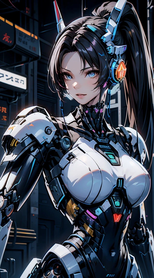 Very detailed, Advanced Details, high quality,  High resolution, 1080P, hard disk, beautiful,(War Machine),Armor War,(She has a machine gun in her hand:1.3),(Dynamic pose:1.3)、beautiful,Mecha Cyborg Girl,BATTLE MODE,Mecha Body Girl,She is wearing a futuristic War Machine weapon mecha、(((Mechanical Headgear:1.3)))、(((Cyber Headphones:1.3)))、Close-up of a woman in a futuristic suit, Girl wearing mecha cyber armor, Cyberpunk Anime Girl Mecha, Female Mecha, perfect Anime Cyborg woman, Anime Cyborg, Mech Suit, Anime Mecha Armor, アニメMecha aesthetics, Girl in Armor, beautiful少女サイボーグ, Mecha aesthetics, Japanese Cyborg, Cyber Suit, Cyber Japan style armor、((High ponytail:1.3))、