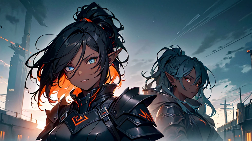 masterpiece, Best quality, ((1 girl)), (colorful),(finely detailed beautiful eyes and detailed face),cinematic worlding,чрезвычайно подробные обои CG Unity 8k, sky, Mainly cloudy_sky, Building, moonworld, moon, night, (dark theme:1.3), world, Fantasy, ((Blue eyes)) ((dark skin)) ((elf ears)) (((Tribal clothing in black with orange accents))) (((Long straight black hair with ponytail))) ((matriarch)) ((Metal gauntlets)) ((armor)) ((300 years)) ((Royal tunic))