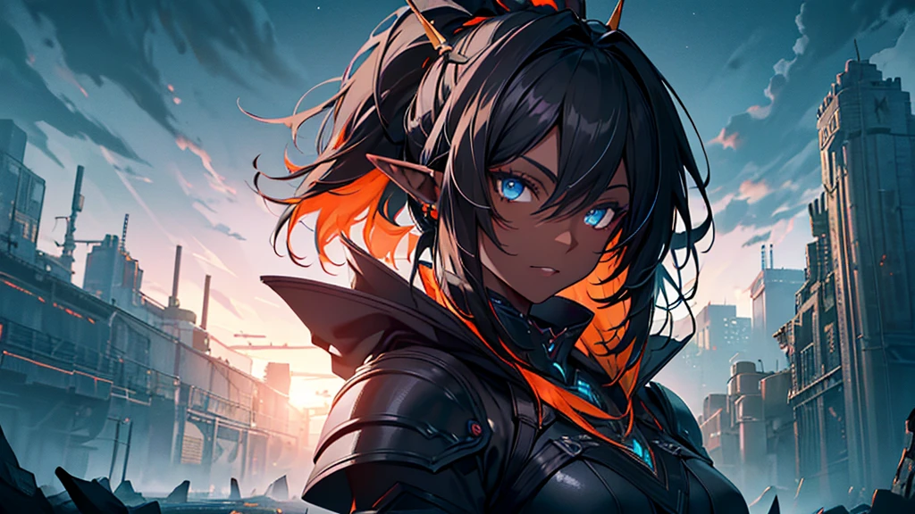 masterpiece, Best quality, ((1 girl)), (colorful),(finely detailed beautiful eyes and detailed face),cinematic worlding,чрезвычайно подробные обои CG Unity 8k, sky, Mainly cloudy_sky, Building, moonworld, moon, night, (dark theme:1.3), world, Fantasy, ((Blue eyes)) ((dark skin)) ((elf ears)) (((Tribal clothing in black with orange accents))) (((Long straight black hair with ponytail))) ((matriarch)) ((Metal gauntlets)) ((armor)) ((300 years)) ((Royal tunic))