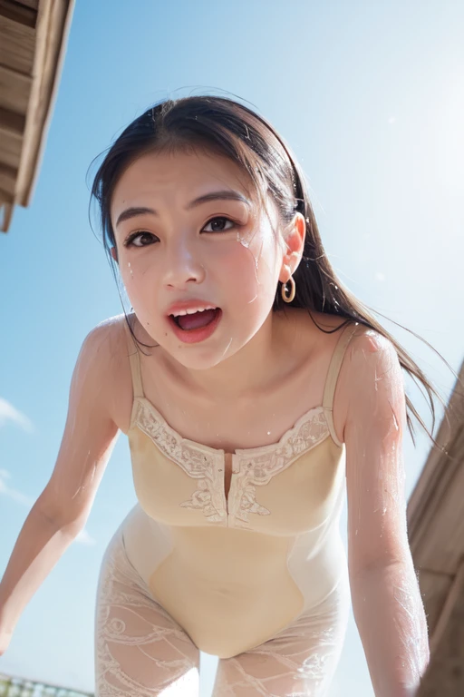  Beautiful body、Full 体 Esbian、Western-style building, 1 female, Beautiful Japan, Age 25, Detailed face, Big earrings，Large Necklace, (Beige silk embroidered sheer leotard:1.2)、 Small hips, Pink lace panties、 Small breasts,(( Inserted:1.5)), ((Random sexy poses、Embarrassing:1.2)), ((I breathe:1.2))、Ecstatic face、Climax expression、Looking into the camera、Official Art，Highly detailed CG Unity 8k wallpaper, (masterpiece:1.0),(Highest quality:1.0), photo shoot, 8k, High resolution, Kodak Portrait 400, Film Grain, Lens flare brilliance,  (Leaning forward:1.6), (Sweaty:1.6),