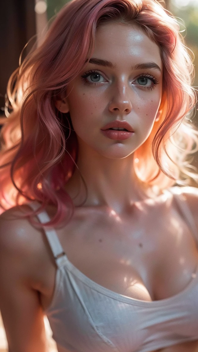 (((ultra realistic))) Photo, masterpiece, top quality, (pale skin), (Ultra detailed face and eyes:1.3), 1 girl, Adult, in a T-shirt, (Eye makeup, mascara) , ((large detailed lips)), ((pink wavy hair)), ((Chyolka)) , (Natural breasts), Slim waist. ((Posing)), photoshoot, studio (soft lighting), (The play of light and shadows), depth of field, bokeh, (special attention to skin detail: 1.2), Detailed leather texture, skin pores. (Airy atmosphere of the frame. Color range - delicate, Bright, white, Pink tones), UDR, ((Film grain)), ((rays)), ((Glare)), ((waist up portrait, close to the camera)) , ultra detialed,