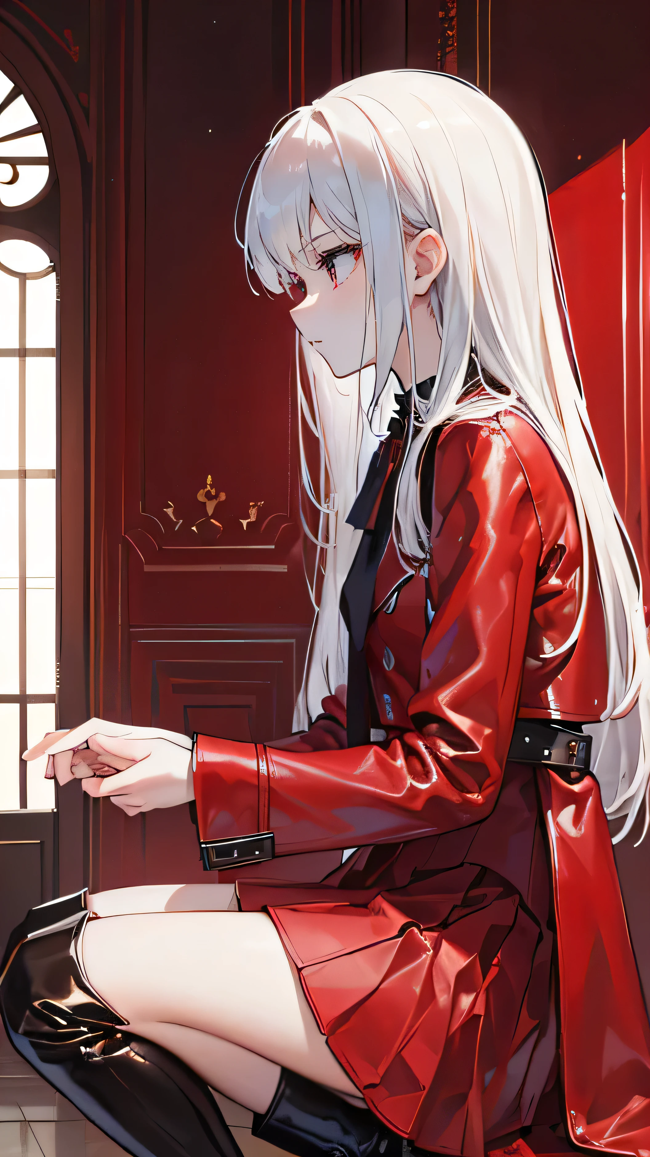 ((Best masterpiece, Perfect quality, Ultra detailed)), ((Profile)), A skinny slender girl with small bust, Wearing a red leather med-coat, Wearing a white y-shirt with red tie, Wearing a gathered black fabric skirt, Wearing a black leather over-knee long-boots, Antique world, European interior