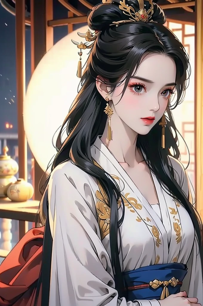 Black Hair, Immortal, Beauty, Royal sister, Stepmother, White Taoist robe, Golden Phoenix Coronet, Hair Bunch, Mature Woman