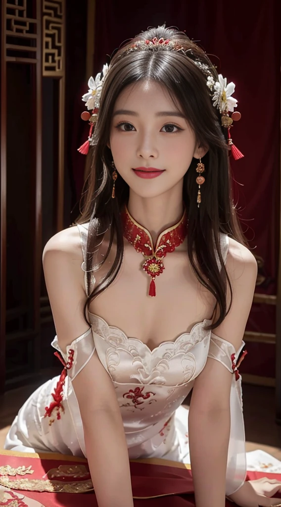 A beautyful girl,long whitr hair,(Wear a beautiful red Chinese wedding dress),Chinese stand collar,fine embroidery,(A delicate crown was worn over his hair),A pair of shiny earrings hang from the ears,A beautiful necklace was worn around his neck,Sweet smiling,His face flushed,ssmile,Flowers in hand