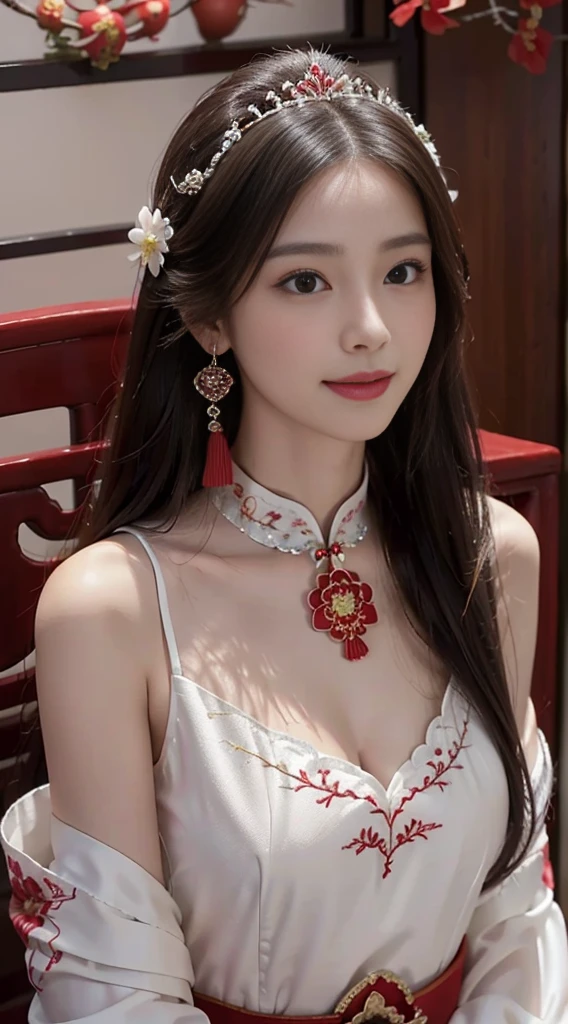 A beautyful girl，long whitr hair，(Wear a beautiful red Chinese wedding dress)，Chinese stand collar，fine embroidery，(A delicate crown was worn over his hair)，A pair of shiny earrings hang from the ears，A beautiful necklace was worn around his neck，Sweet smiling，His face flushed，ssmile，Flowers in hand