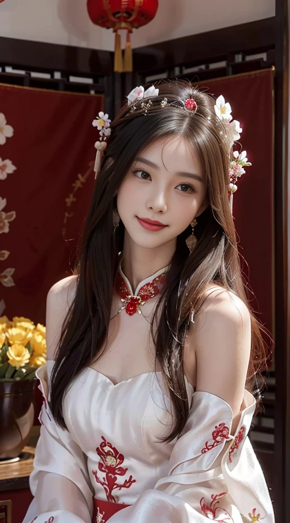 A beautyful girl,long whitr hair,(Wear a beautiful red Chinese wedding dress),Chinese stand collar,fine embroidery,(A delicate crown was worn over his hair),A pair of shiny earrings hang from the ears,A beautiful necklace was worn around his neck,Sweet smiling,His face flushed,ssmile,Flowers in hand