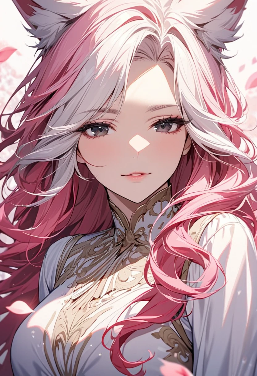 female, white hair, pink hair, long hair, black eyes, pretty, beautiful, beautiful color, mature, dress, flying petals, super detail, beautiful color, peerless beauty, pure, adult, calm face, fox ears, micro face, deep chin, kind