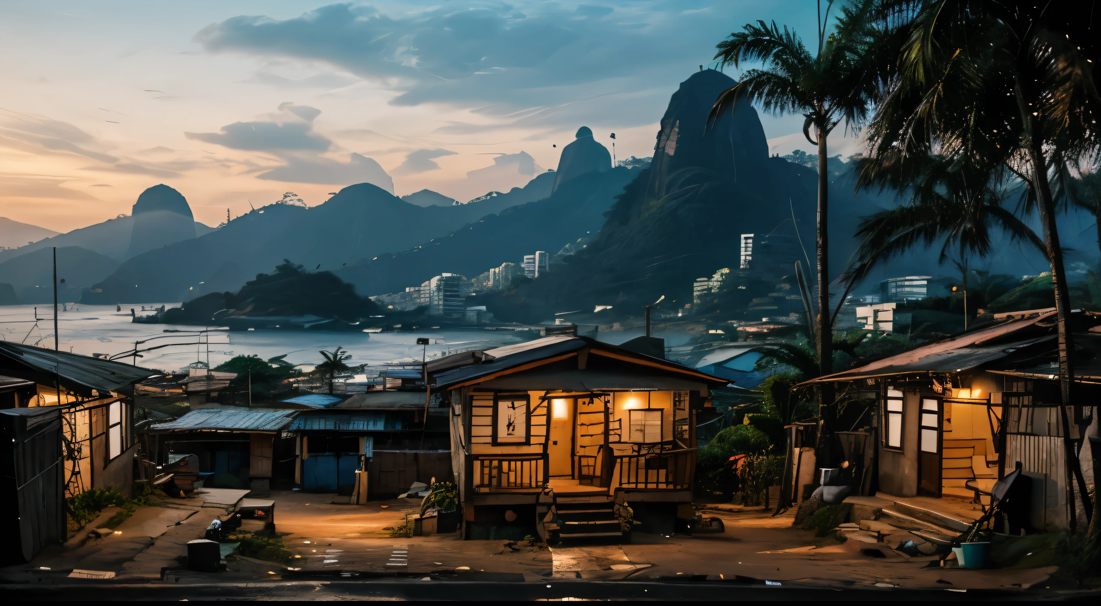 Namaste. small and beautiful shack, in a clean favela in Rio de Janeiro. details Intricate. cinematic lighting. Strong and bright colors