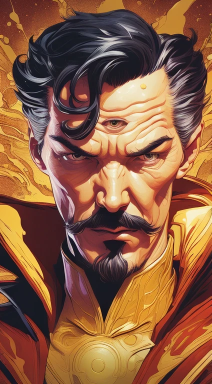 a close up of 3 eyes Dr. Strange, 3rd eye on forehead with a mustache and a yellow sparkling liquid splash on his face, 3rd eye on forehead, martin ansin artwork portrait by martin ansin, character is covered in liquid, imaginefx : : hyperrealism, james gurney painting style, inspired by Mike Winkelmann, realistic illustrative painting, cyril rolando and m.w kaluta, unreal engine, greg rutkowski, loish, rhads, beeple, makoto shinkai and lois van baarle, ilya kuvshinov, rossdraws, tom bagshaw, alphonse mucha, global illumination, detailed and intricate environment, unreal engine, greg rutkowski, loish, rhads, beeple, makoto shinkai and lois van baarle, ilya kuvshinov, rossdraws, tom bagshaw, alphonse mucha, global illumination, detailed and intricate environment