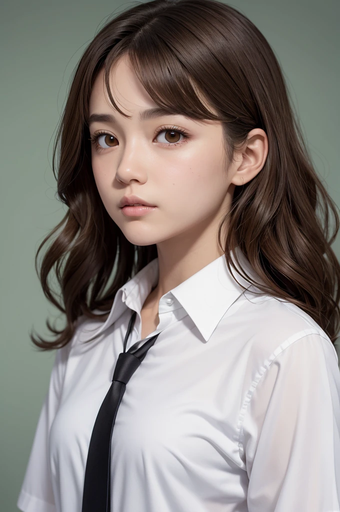 female comic character, small eyes features, large nose, medium mouth, medium 2C wavy hair, light brown hair color, white skin color, dark brown eye color, school environment and normal white shirt with a white collar around the neck