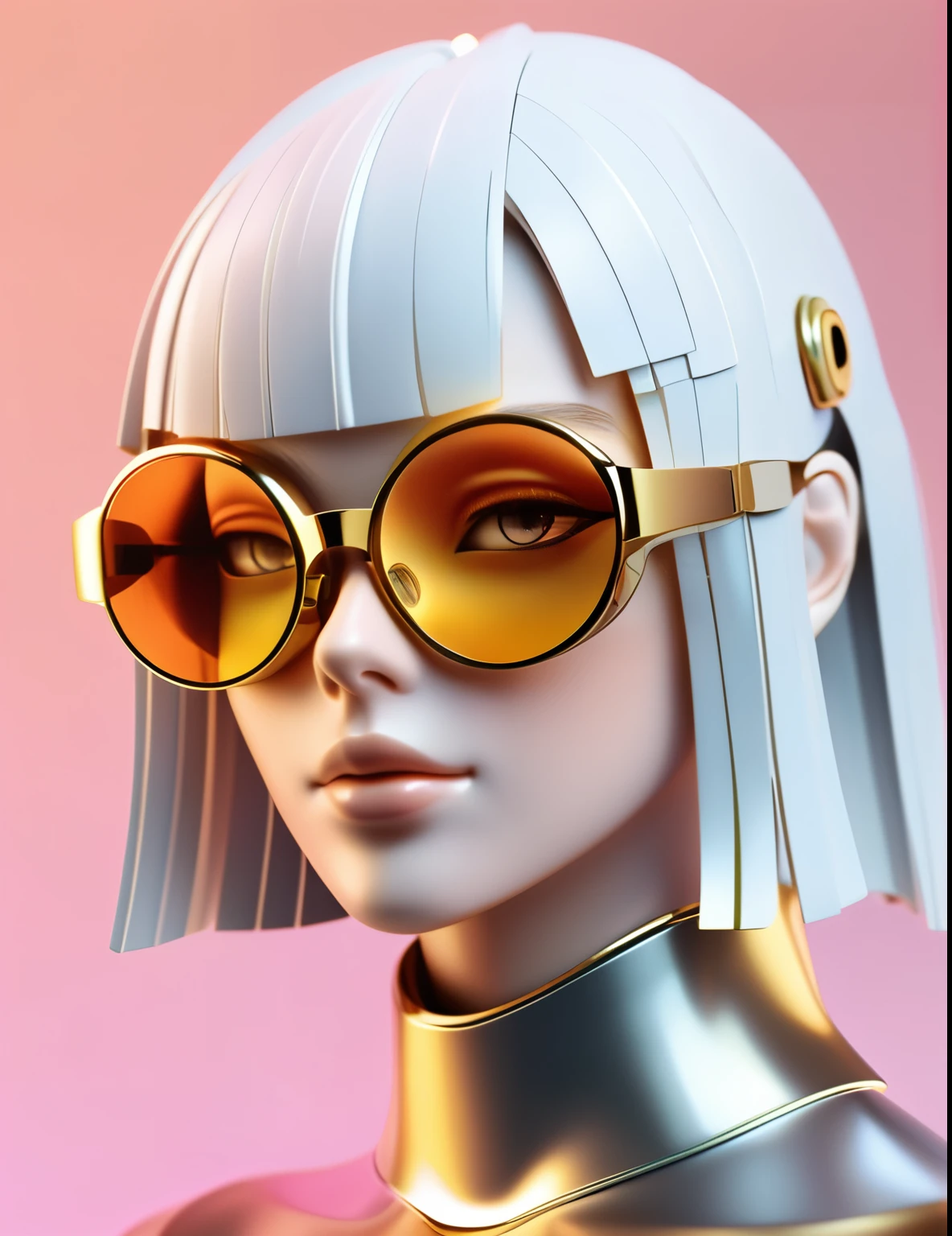 3D illustration of the upper body and face of an artificial intelligence model wearing futuristic glasses, Stylish glasses with tassels,Gradient Background, Pastel Color Palette, Black Gold, Simplicity, Cold metal texture, Surrealism,
