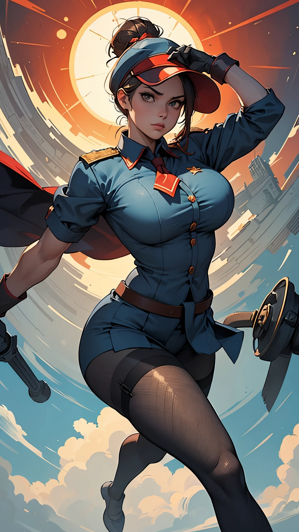 wearing the pantyhose and garter belt stockings and fishnet stockings，fleshy thigh ，thick thigh ，big round breasts，huge breasts ，perfect body；Bathed in the golden hues of dawn or dusk, a Soviet heroine stands resolutely beneath the shadow cast by a colossal Soviet flag, its red fabric billowing in the wind. Her eyes, filled with determination, meet the gaze of those around her, her healthy, sun-kissed complexion a testament to her hard work and resilience. Her hair, gathered simply in a bun at the nape of her neck, keeps it out of her face as she toils. Clad in the robust cotton work uniform of a Soviet laborer, her attire is both practical and symbolic. The deep blue or gray color of her clothes is punctuated by the bold red star or the iconic hammer and sickle emblem, symbols of the collective strength and unity of the working class. Multiple pockets line her uniform, each carefully designed to carry the tools of her trade, ensuring efficiency and readiness for any task at hand. Perched atop her head is a standard Soviet worker's cap, its red star gleaming against the sky. This cap is more than mere protective gear; it is a badge of pride and honor, representing her dedication to the state and the ideals it embodies. Her hands, shielded by thick work gloves, are the instruments of her labor, toughened by the rigors of her daily tasks yet safeguarded from harm by the sturdy material.