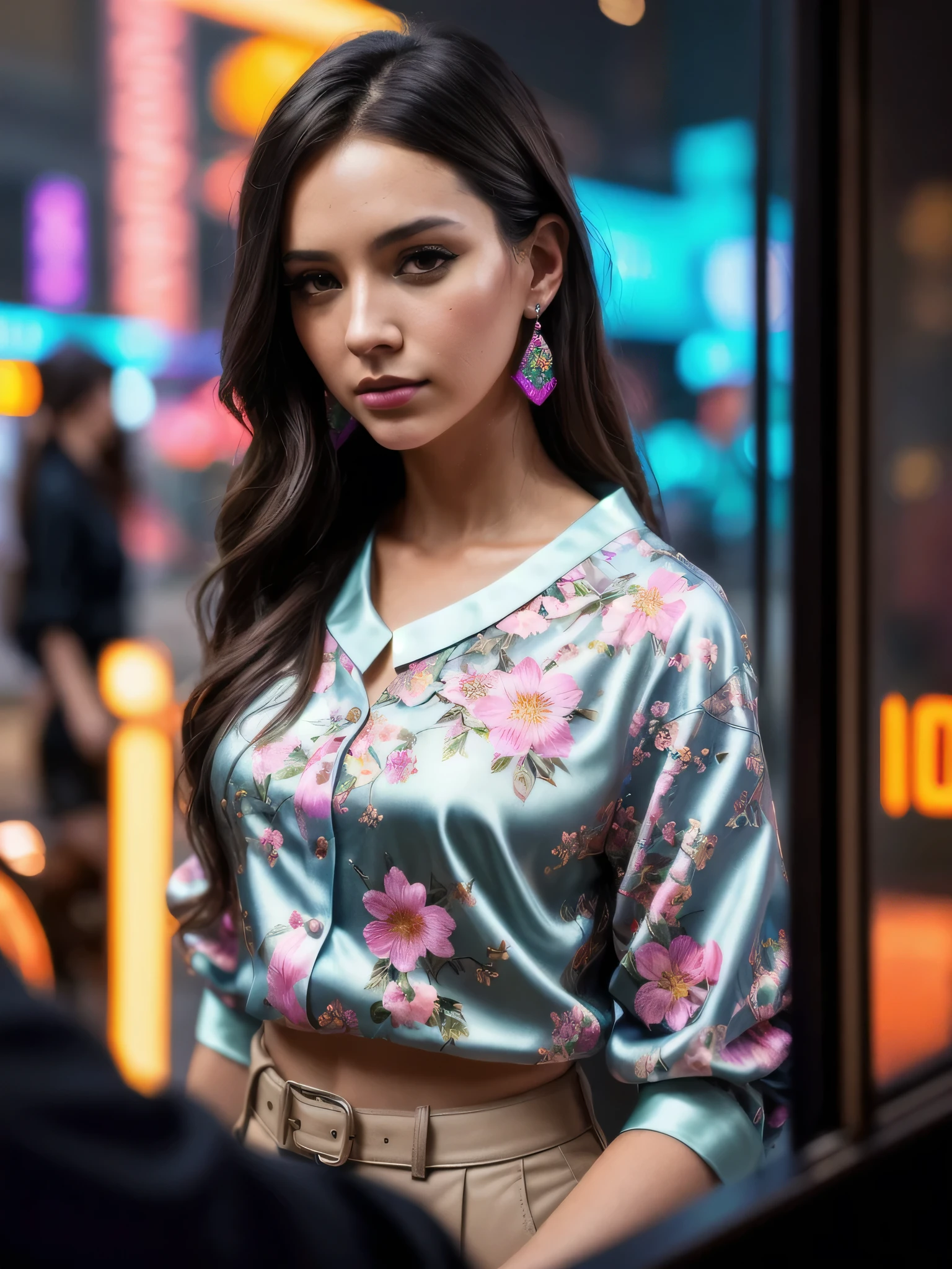 ((Selfie:1.1)), (raw:1.1) photo of (brunette Maj1j3j01-1500:0.99), a woman as a model, modelshoot style, (extremely detailed CG 8k wallpaper unit), photo of the world's most beautiful artwork, majestic professional oil painting by Ed Blinkey, Atey Ghailan, Studio Ghibli, by Jeremy Mann, Greg Manchess, Antonio Moro, trend at ArtStation, trend at CGSociety,  Intricate, High detail, sharp focus, dramatic and photorealistic painting art by midjourney and greg rutkowski, (day:1.2), (dimly lit), (neon lights:1.2), (carnival:1.1), (makeup:1.1), ((window in the background)), ((flowery blouse:1.2)), (looking at the viewer:1.3), (detailed students:1.3), (modern clothing:1.2), (club makeup:1.2), (closeup:1.3), (earrings).