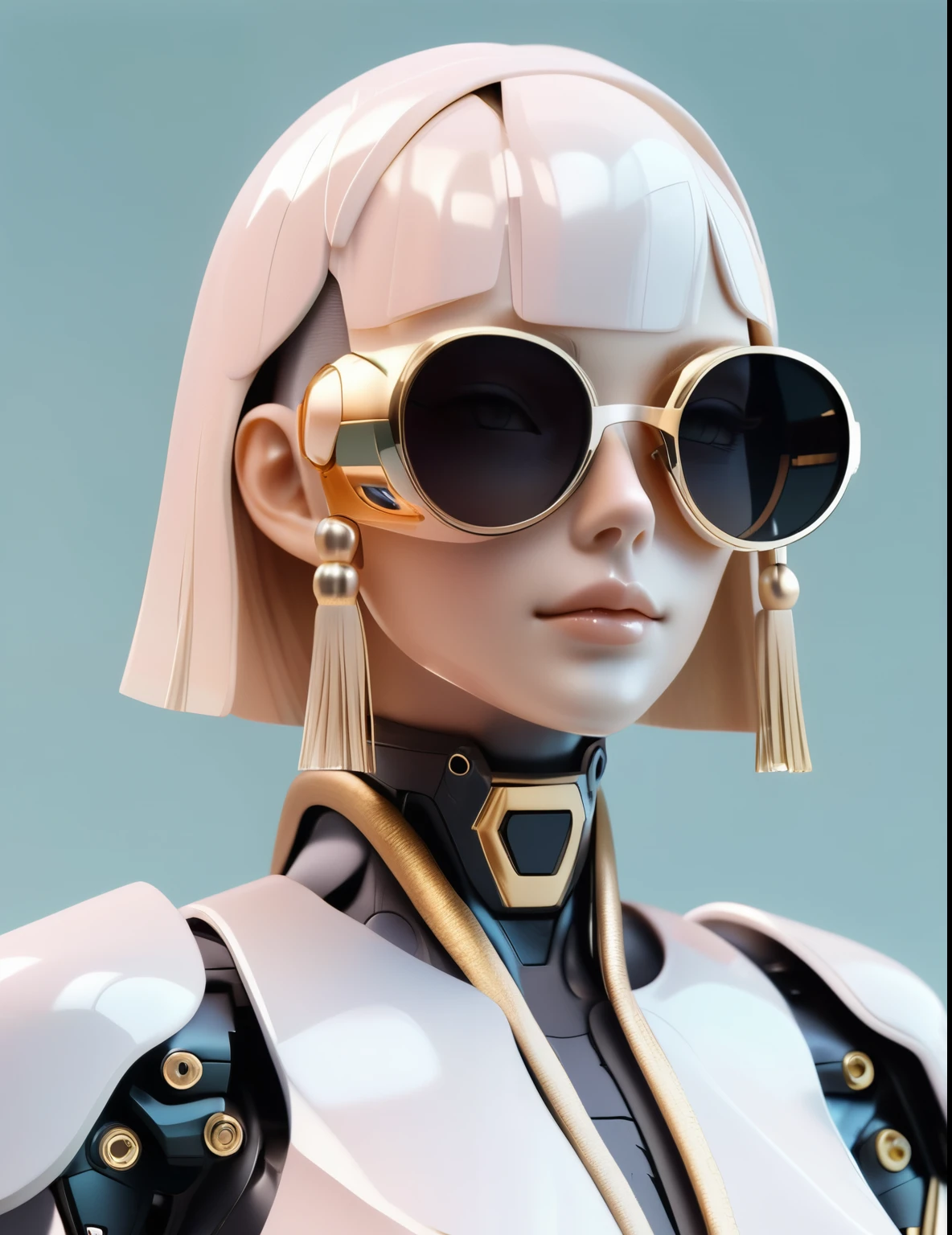 3D illustration of the upper body and face of an artificial intelligence model wearing futuristic glasses, Stylish glasses with tassels，Gradient Background, Pastel Color Palette, Black Gold, Simplicity, Cold metal texture, Surrealism,