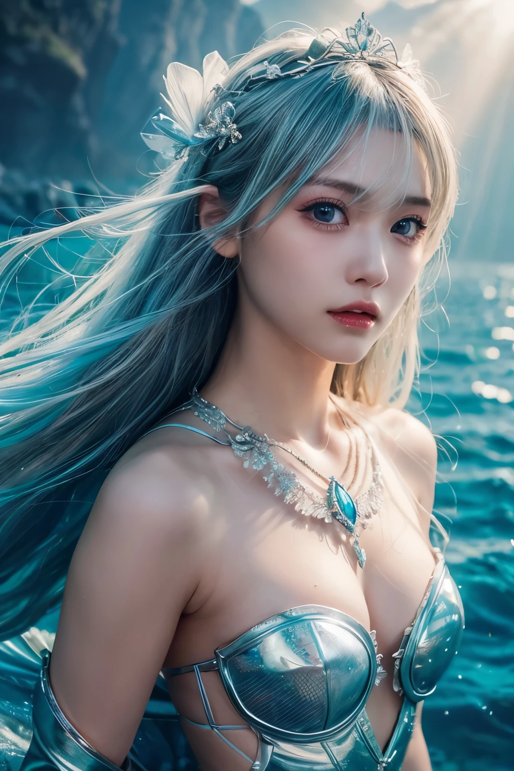 underwater, diving into the sea, the sea surface is sparkling, the sunlight is shining into the sea, spelling the magic, wearing light blue and white something like cosplay outfit, wearing breastplate made from shells-likes, around chest opens widely, impossible fantasy scene, have the white tail like mermaid, holding mage silver rod, detailed face, long light blue hair, wearing gorgeous hair ornament, hair is shaggy and dishevelled, beautiful white-colored translucent skin, slendar figure, skiny chest , the veins on the chest are faintly visible, no-makeup, small nose, smooth shaped jawline, glossy face, flushed cheeks, detailed eyes, a gaze that seems to glare at something, detailed lips, beautiful long eyelashes, photorealistic, highly detailed, 8k, best quality, masterpiece, vibrant colors, dramatic lighting, cinematic composition, digital art