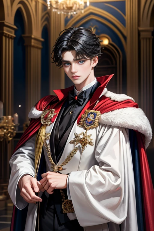 
masterpiece, 最high quality, high quality, 1 boy, alone, Male focus, Watching the audience,  Messy black hair, Adorable big blue eyes, White, Noble, Noble,A sexy, voluminous, puffy cape、tuxedo、A very voluminous, large, very large, very large, long, long red and black cape with a high stand-up collar, made of a lot of fabric that reaches down to the floor., ,Cute beautiful boys,Cute, cute, kind, handsome guy