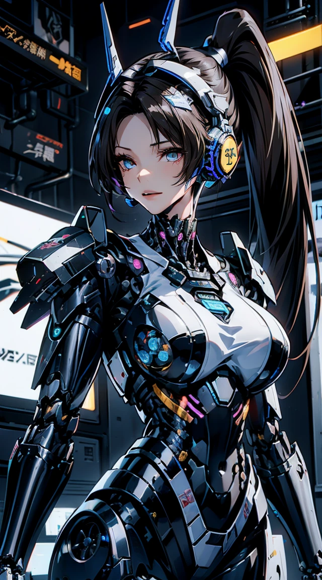 Very detailed, Advanced Details, high quality, High resolution, 1080P, hard disk, beautiful,(War Machine),Armor War,(She has a machine gun in her hand:1.3),(Dynamic pose:1.3)、beautiful,Mecha Cyborg Girl,BATTLE MODE,Mecha Body Girl,She is wearing a futuristic War Machine weapon mecha、(((Mechanical Headgear:1.3)))、(((Cyber Headphones:1.3)))、Close-up of a woman in a futuristic suit, Girl wearing mecha cyber armor, Cyberpunk Anime Girl Mecha, Female Mecha, perfect Anime Cyborg woman, Anime Cyborg, Mech Suit, Anime Mecha Armor, アニメMecha aesthetics, Girl in Armor, beautiful少女サイボーグ, Mecha aesthetics, Japanese Cyborg, Cyber Suit, Cyber Japan style armor、((High ponytail:1.3))、