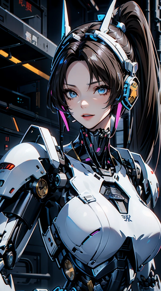 Very detailed, Advanced Details, high quality,  High resolution, 1080P, hard disk, beautiful,(War Machine),Armor War,(She has a machine gun in her hand:1.3),(Dynamic pose:1.3)、beautiful,Mecha Cyborg Girl,BATTLE MODE,Mecha Body Girl,She is wearing a futuristic War Machine weapon mecha、(((Mechanical Headgear:1.3)))、(((Cyber Headphones:1.3)))、Close-up of a woman in a futuristic suit, Girl wearing mecha cyber armor, Cyberpunk Anime Girl Mecha, Female Mecha, perfect Anime Cyborg woman, Anime Cyborg, Mech Suit, Anime Mecha Armor, アニメMecha aesthetics, Girl in Armor, beautiful少女サイボーグ, Mecha aesthetics, Japanese Cyborg, Cyber Suit, Cyber Japan style armor、((High ponytail:1.3))、