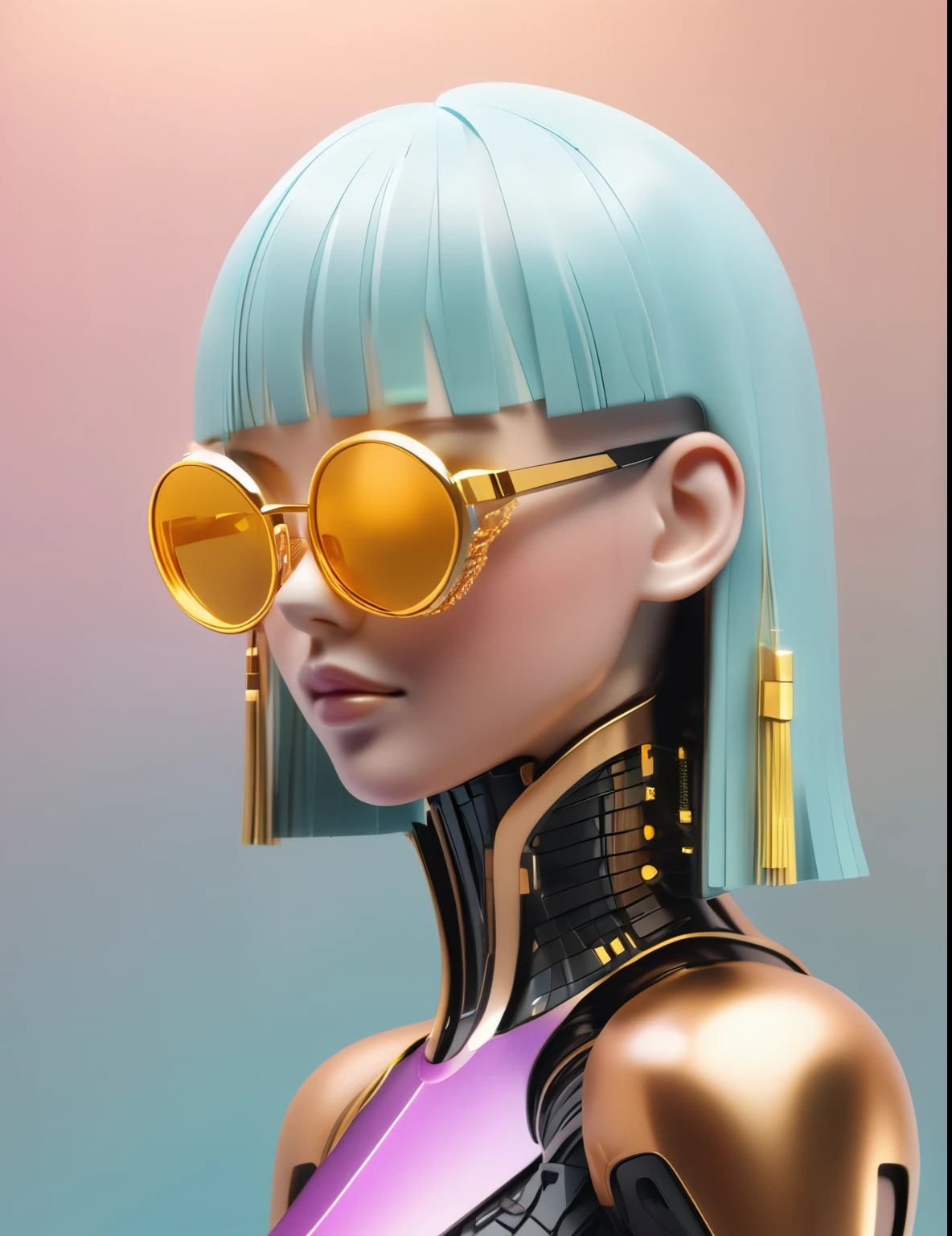 3D illustration of the upper body and face of an artificial intelligence model wearing futuristic glasses, Stylish glasses with tassels,Gradient Background, Pastel Color Palette, Black Gold, Simplicity, Cold metal texture, Surrealism,
