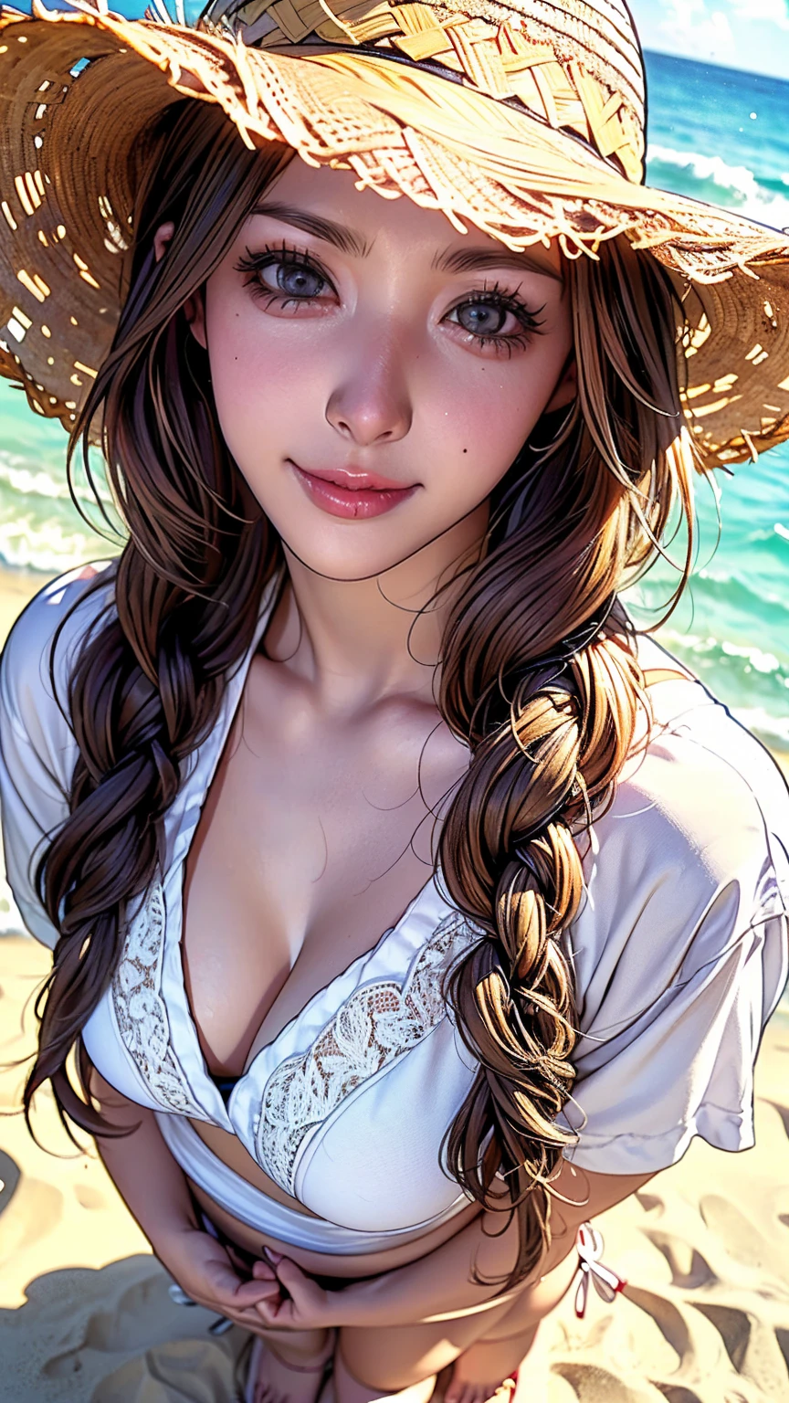 Realistic, masterpiece, Highest quality, Highest Resolution, High Detail, Soft Light, Professional Lighting, Backlight, Film Grain, The background is blurred, Japanese , (The subject was photographed from above at an angle, far and near method, The subject does not look at the camera:1.3), (Close up on face:1.3), , Upper body photo, Looks sleepy, inattention, Grinning, Open your mouth, Beautiful and detailed eye drawing, (Droopy eyes:1.3), Dark Eyes, Thin eyebrows, Draw eyelashes carefully, Eyelash extensions, Gal Makeup, Orange Cheek, (White brown wavy hair, Long Hair, Braid, middle part:1.3), (Hidden eyelid wrinkles:1.3), (Straw hat,bikini,Beautiful feet:1.3), (Summer beach stand:1.3)