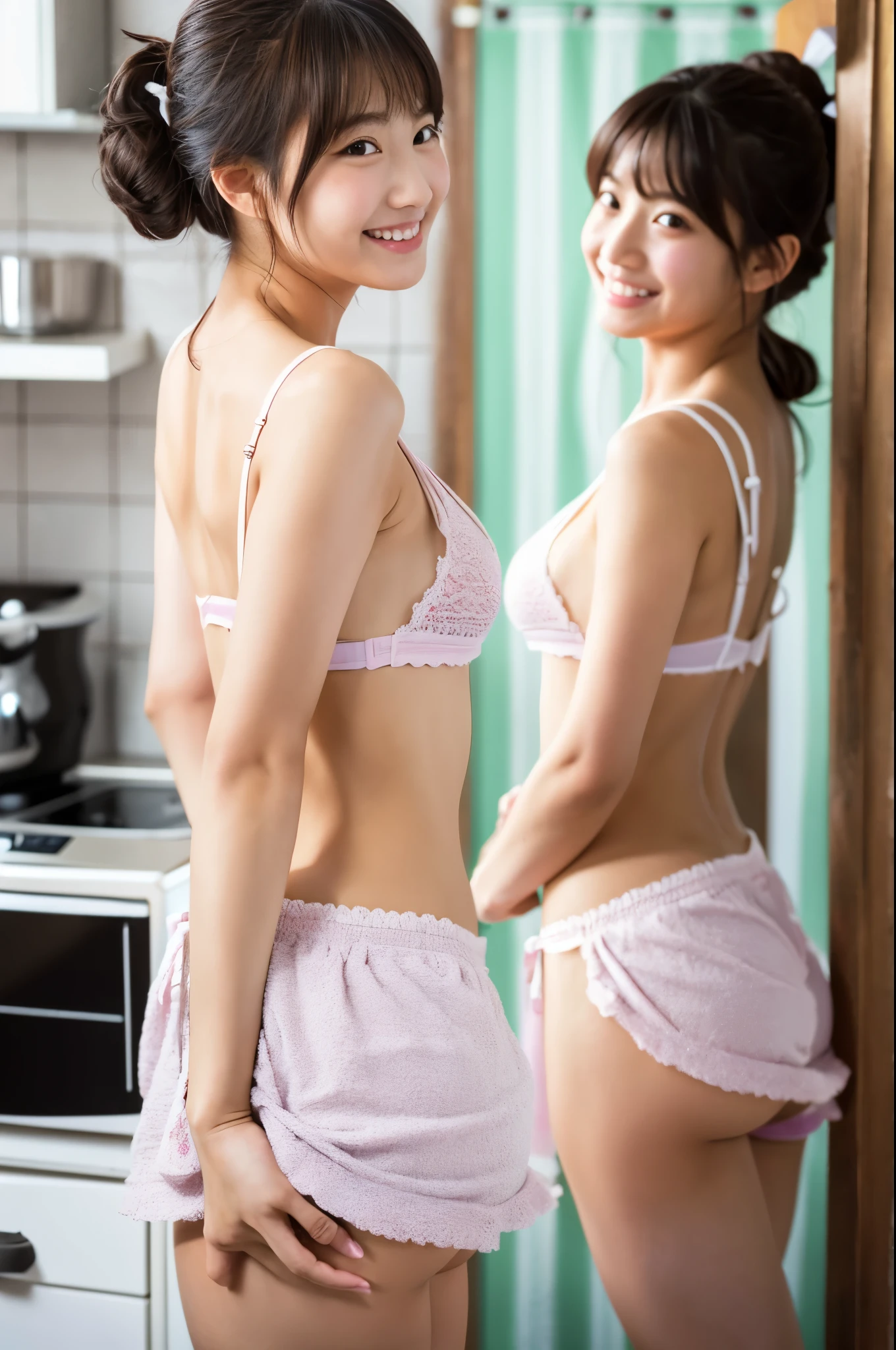 Cute like an idol、Cute and adorable、A girl with a young face、Smiling Kindly、Naked with only an apron on、Naked under the apron、(((Apron that lets you see her butt)))、(Cleavage)、((kitchen))、((Back view))、whole body、Accurate、Anatomically correct、Textured skin、Very detailed、 Attention to detail、Highest quality、High resolution、Genuine、Indistinguishable from live-action、realism、Real Stick、RAW Photos、Genuine、masterpiece