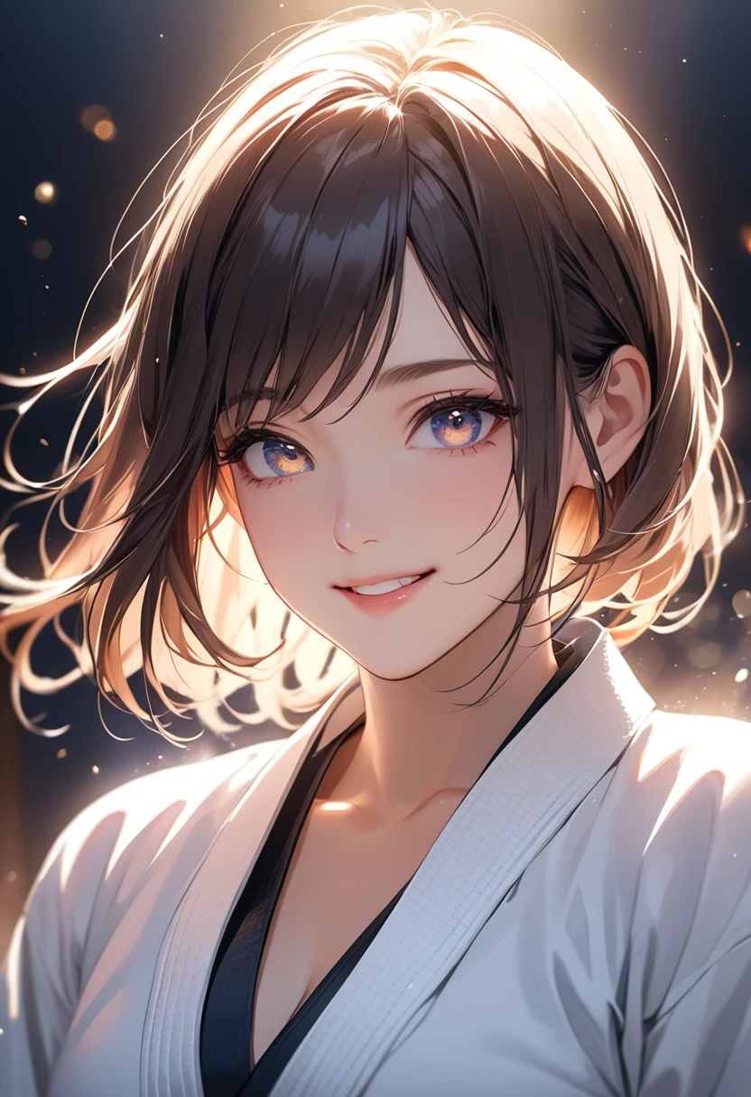 (masterpiece:1.5),(Beat quality),(high res),1girl solo,beautiful face,smile(shining eyes),upper body,light effects,Judo women,Black belt