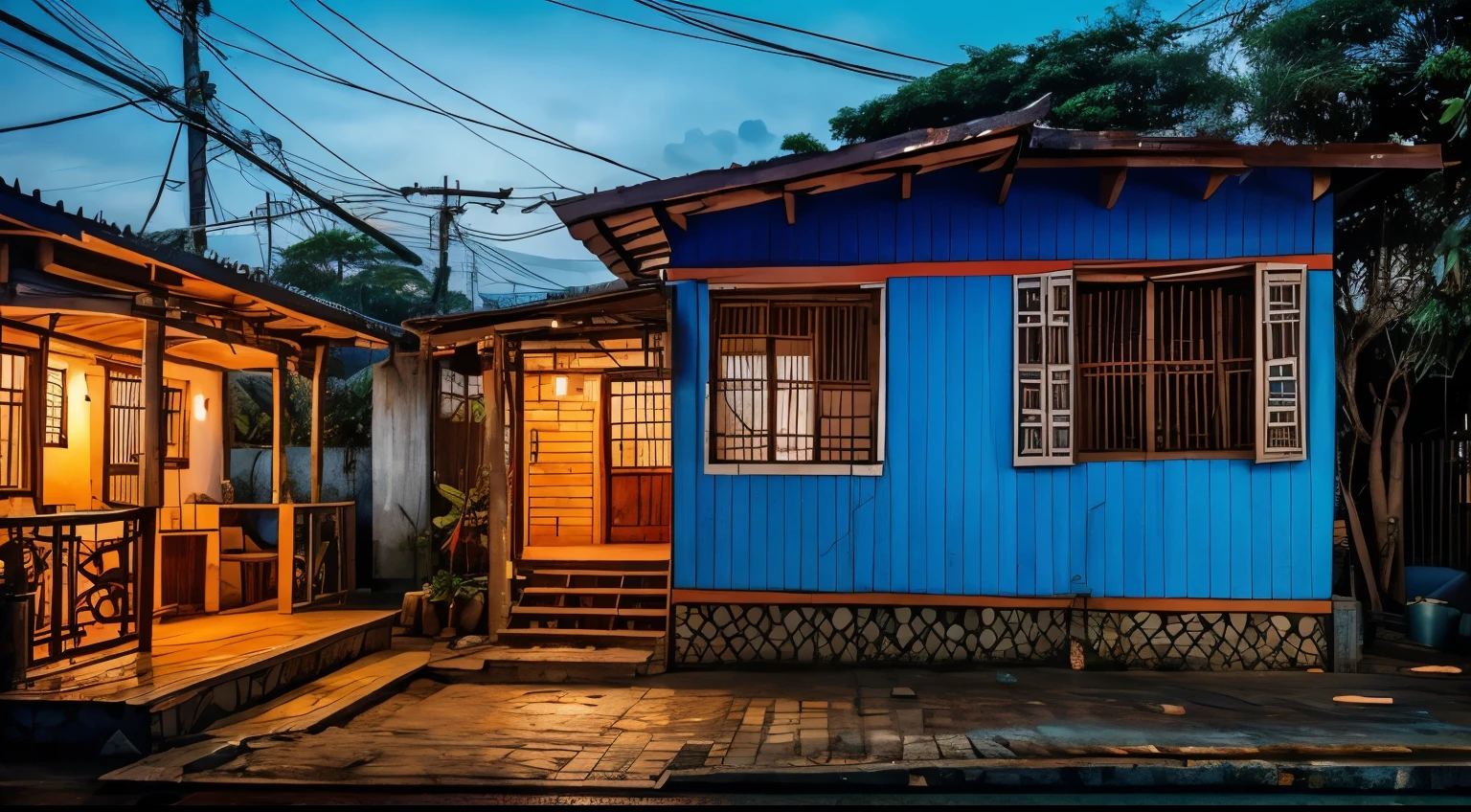 Namaste. small and beautiful shack, in a clean favela in Rio de Janeiro.Cozy feeling. details Intricate. cinematic lighting. Strong and bright colors