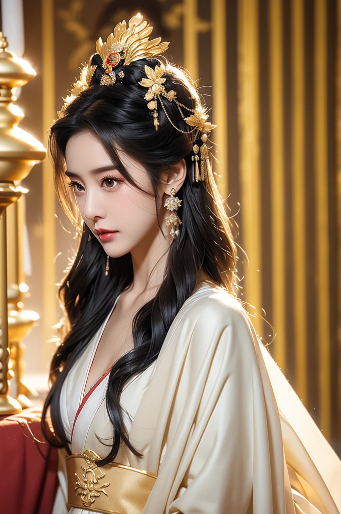 Black Hair, Immortal, Beauty, Royal sister, Stepmother, White Taoist robe, Golden Phoenix Coronet, Hair Bunch, Mature Woman