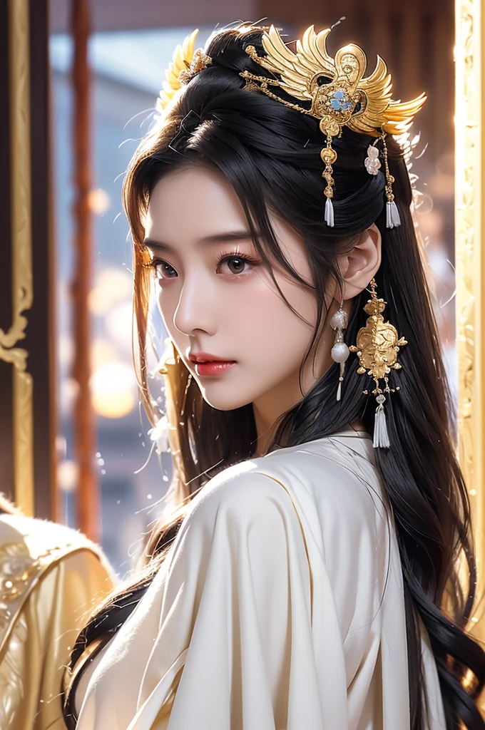 Black Hair, Immortal, Beauty, Royal sister, Stepmother, White Taoist robe, Golden Phoenix Coronet, Hair Bunch, Woman
