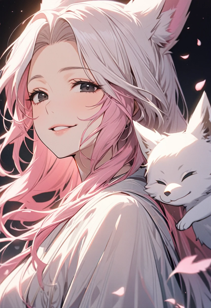 female, white hair, pink hair, long hair, black eyes, pretty, beautiful, beautiful color, mature, dress, flying petals, super detail, beautiful color, peerless beauty, pure, adult, calm face, fox ears, micro face, deep chin, kind, main face, front face, happy, kimono