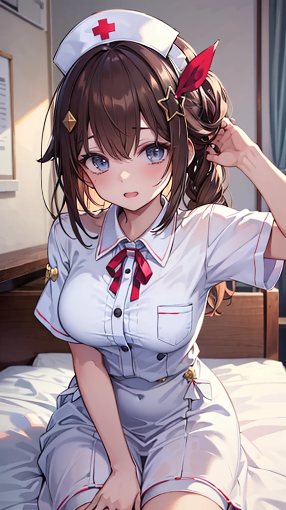 (best quality:1.2), (ultra detailed:1.2),(masterpiece:1.2),(8k:1.2),(Blessed,Captivating body、Ultra detailed hands、Ultra-detailed eyes、Ultra-detailed skin、ultra-detailed face,Detailed Background),One Girl、(bedroom,nurse, nurse cap, breast pocket, collared dress, short dress, short sleeves, thighs, white dress, white headwear),(ecstasy, aroused:1.5), ts1, leg ribbon, neck ribbon, midriff, breasts