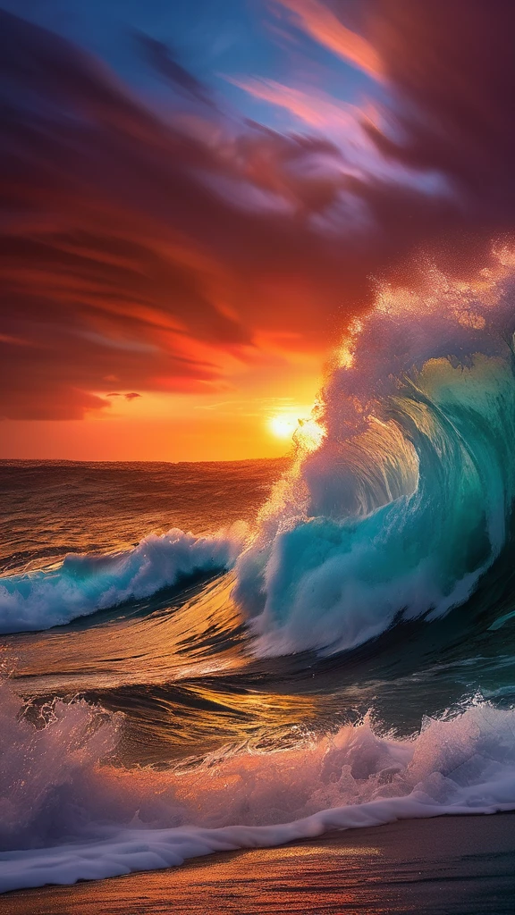 arafed view of a sunset over the ocean with waves crashing, chaotic sea setting, vibrant sunrise, breathtaking colors, breathtaking look, vibrant sunset, breathtaking composition, beautiful sea landscapes, stunning sunset, magnificent background, sunset glow, beautiful background, beautiful dreamy breathtaking, marc adamus, warm beautiful scene, epic sunset, beautiful sunset, beautiful sunset glow, beautiful ocean