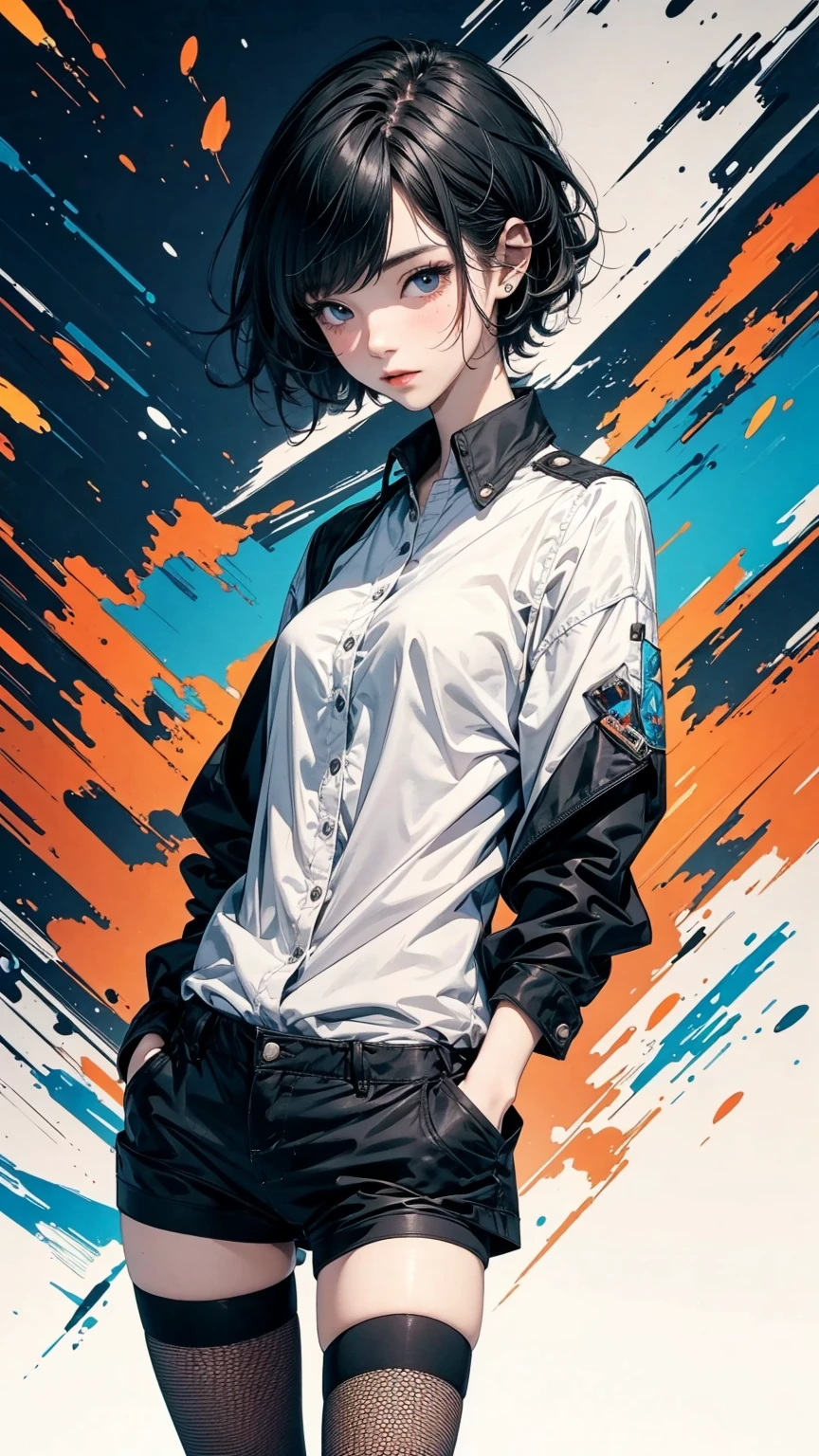 From above, 20-year-old woman, Asymmetrical short hair, Hands in pockets, Suit jacket, Micro Mini Shorts, Fishnet tights, Petal Collage, abstract design, And handle background, mixed-media approach, Anime Style, Digital Painting, (masterpiece, High resolution, Highest quality)