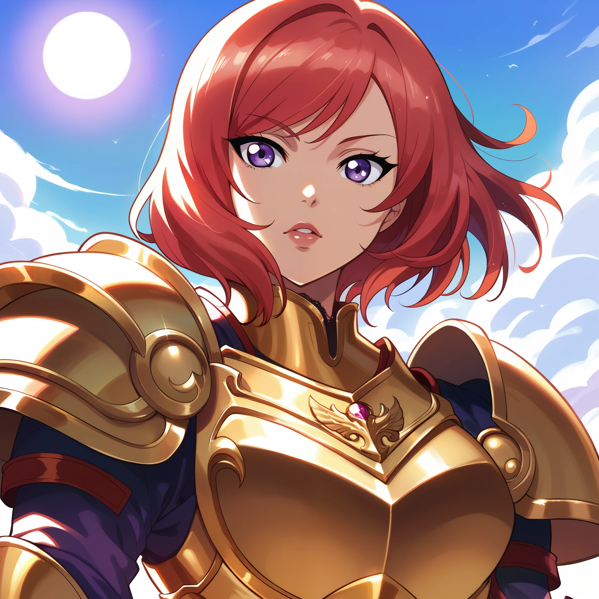 Nishikino maki, Purple eyes, red hair, short hair,(armor:1.2),Golden Armor , llchar,  upper body,solo, big breasts,(lipstick:0.7),sun 