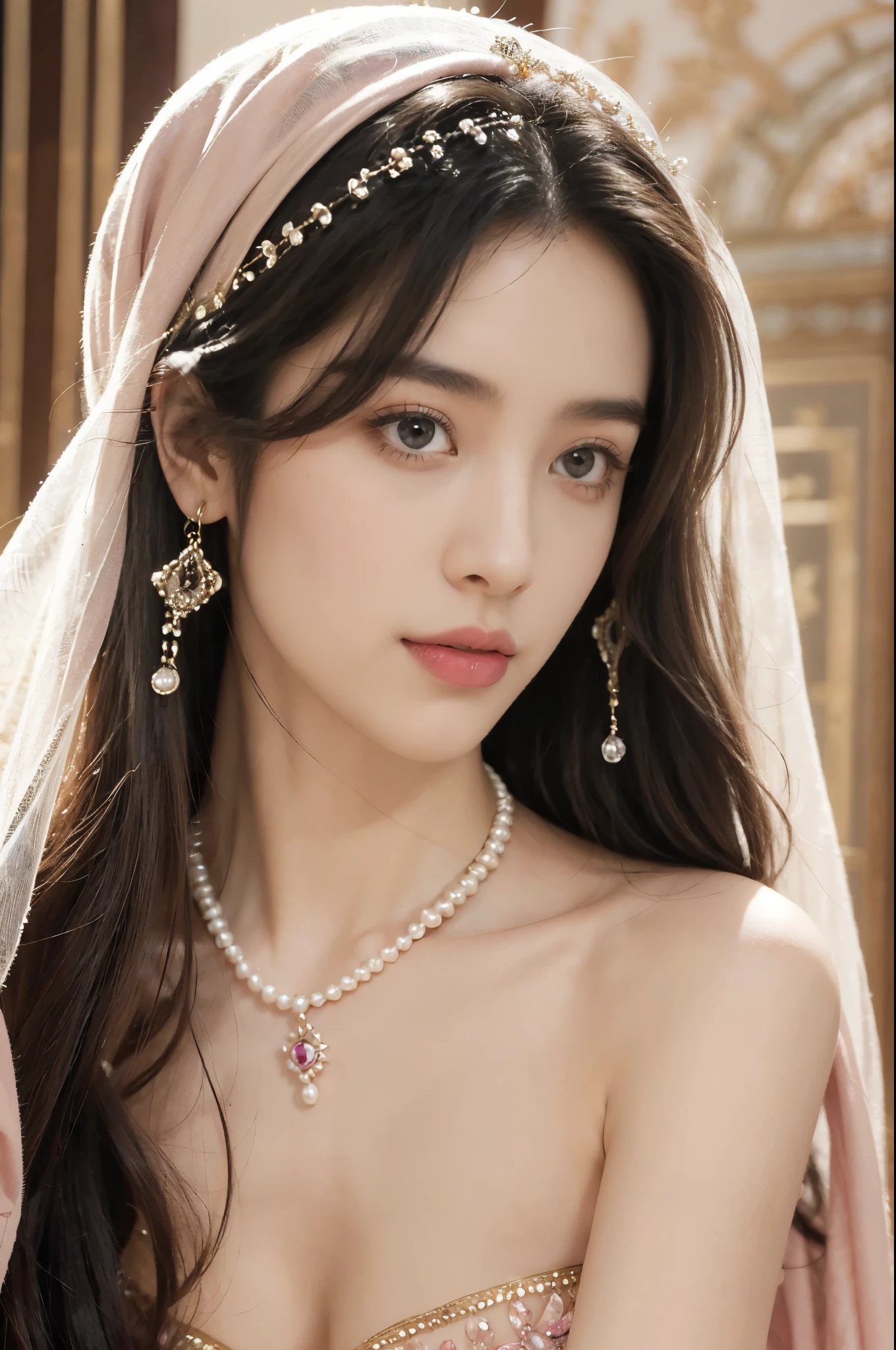 (((best quality))),(((ultra detailed))),(((masterpiece))),illustration,((1girl,Arabian dancer,solo)),(pink hijab:1.3),((slim,thin)),((small breasts,flat chest)),((earrings,necklace)),((pearls,jewels,gemstones)),(night scene:1.3),(in luxurious palace:1.3),(indoor:1.3),(strapless gorgeous embroidered pink sheer bra:1.3), intricate patterns,((Arabian theme,Middle Eastern culture)),(shoulder length straight hair:1.2),(sheer veil on face:1.3),mystery, ornate furnishings, decorations, enchantment, magic, Persian magic carpet,night sky, floating,Aladdin's lamp, flame, fulfillment of desires,candlelight,romance,One Thousand and One Nights, coherent narrative, dreamlike atmosphere, deep emotions, graceful movements, passion, face beneath the veil, beloved's dream, timeless beauty, enchantment,magical world, wondrous journey,((from front,close-up of face))
