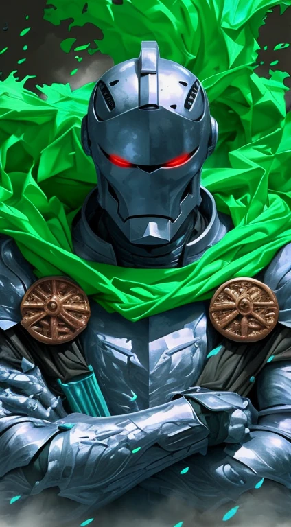 a close up of a person in a costume with a green cape, cyborg dr doom in ornate armour, doctor doom, metallic green armor, portrait of ninja slayer, green armor, fantasy art of doom slayer, wearing green armor and helmet, 4k detailed digital art, 4 k manga wallpaper, badass anime 8 k, [ 4 k digital art, amazing wallpaper