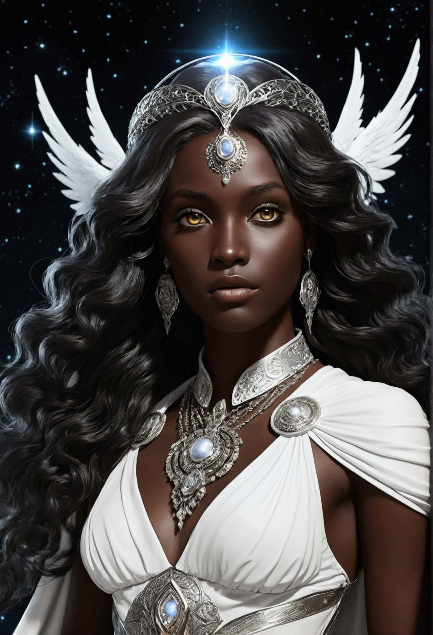 there is a woman with an angel wings on her head, dark skin female goddess of love, moon goddess, afro futuristic, afrocentric mysticism, portrait of a dark goddess, lunar goddess, dark-skinned, dark skin, photo of a black woman, afrofuturistic, black woman, portrait of a norse moon goddess, dark black skin, dark skinned