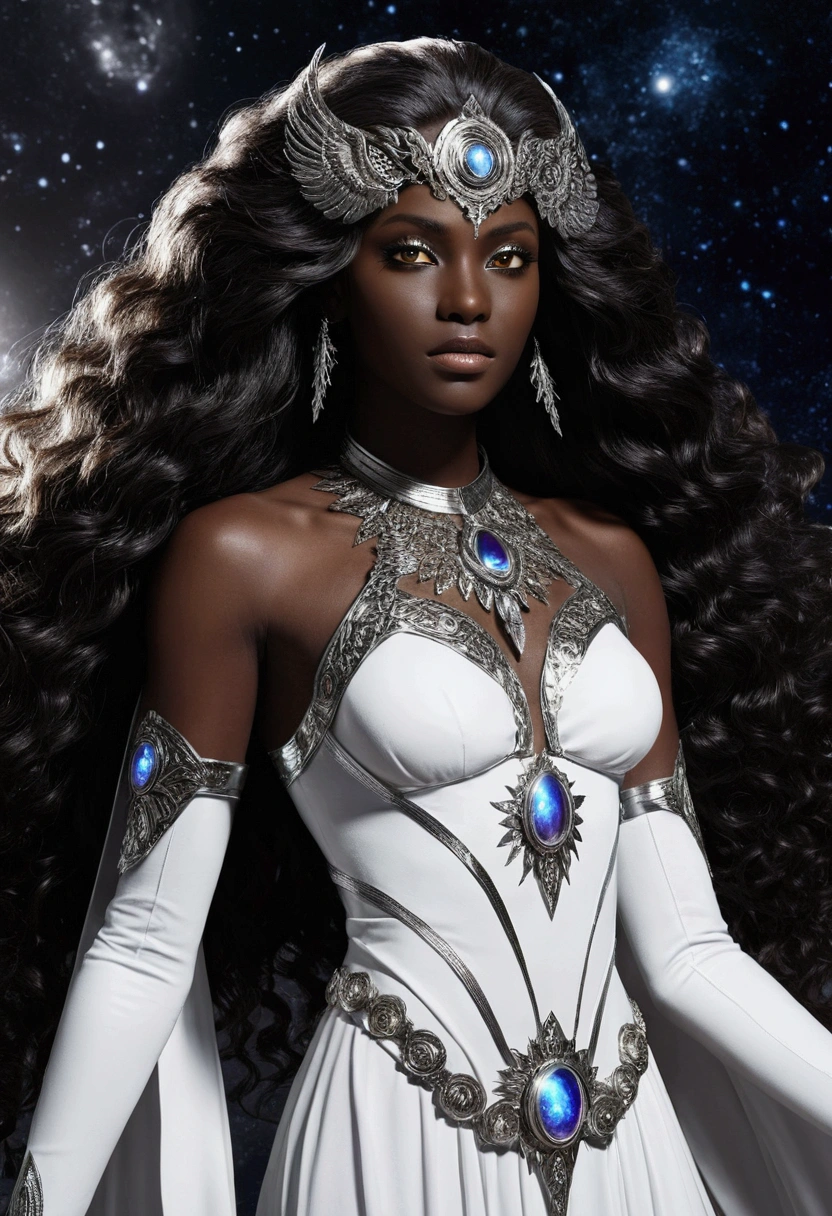 cosmic aasimar, glowing white eyes, dark to black skin, flowy hair