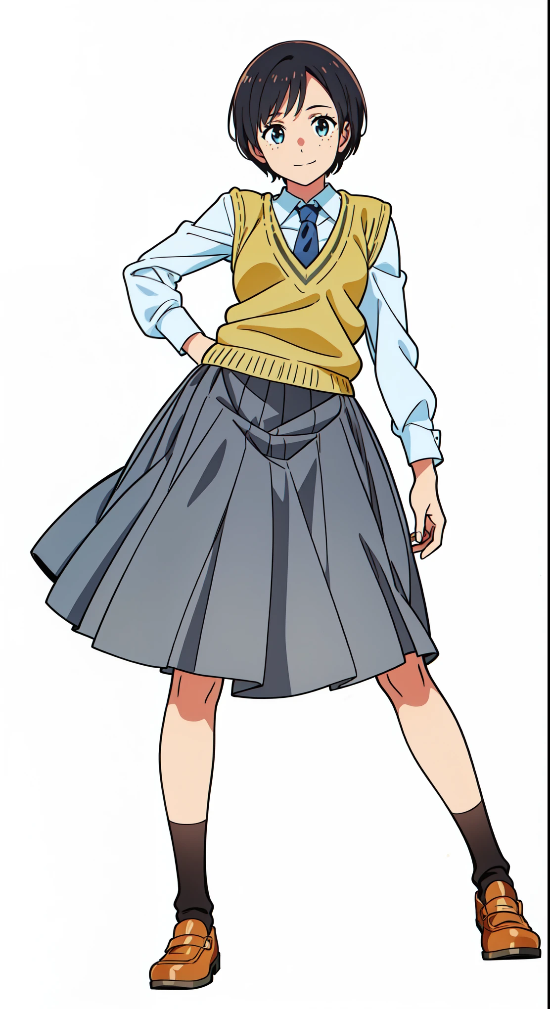 (white background:1.0), (best quality:1.0), (masterpiece:1.0), (super fine illustration:1.0), (beautiful artwork:1.0), (anime screencap:1.0), (official art:1.0), (solo:1.0), (a 20yo cute girl:1.0), (long skirt:1.0), (gray skirt:1.0), (pleated skirt:1.0), (khaki knit vest:1.0), (white long sleeve collared shirt:1.0), (dark blue necktie:1.0), (loafers:1.0), (black socks:1.0), (ideal ratio body proportions:1.0), (lanky:1.0), (tall:1.0), (slender:1.0), (small breasts:1.0), (smaller face:1.0), (freckles:1.0), (cheerful:1.0), (detailed beautiful eyes:1.0), (detailed beautiful face:1.0), (glowing black eyes:1.0), (very short hair:1.0), (swept bangs:1.0), (black hair:1.0), (standing:1.0), (looking at viewer:1.0)
