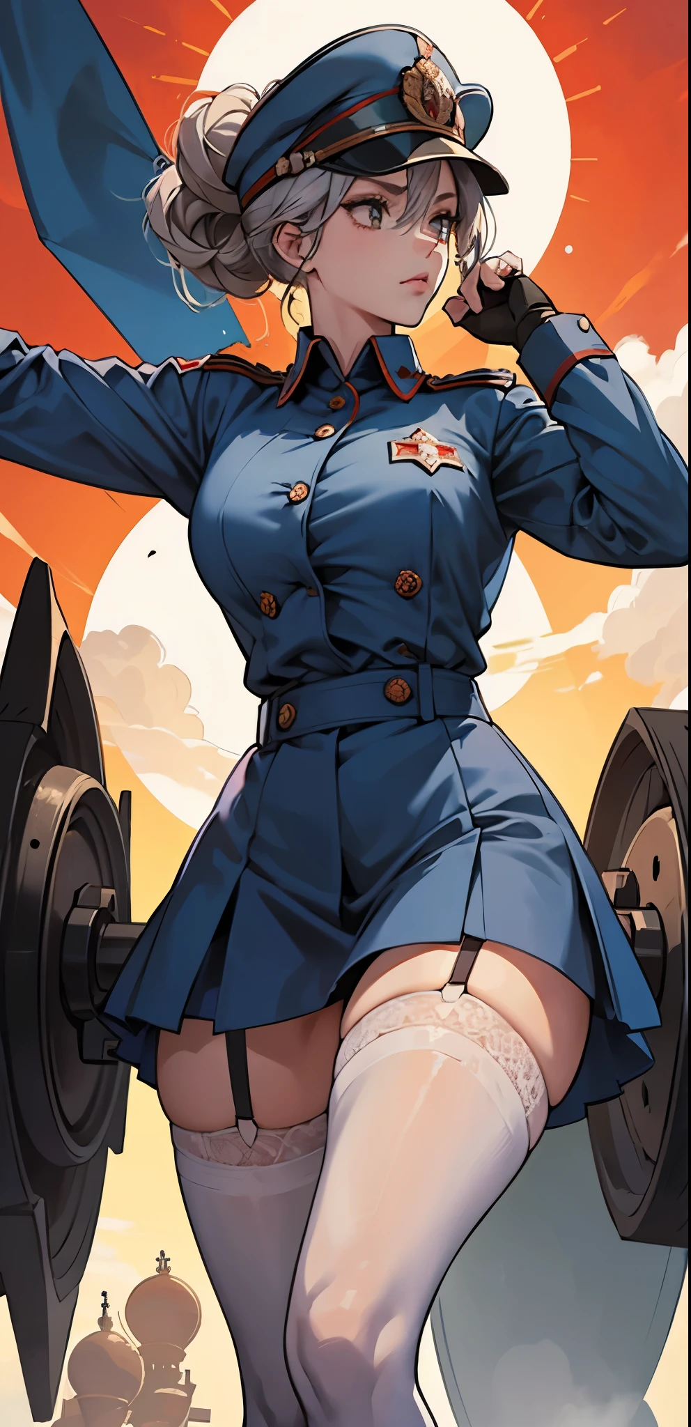 wearing the pantyhose and garter belt stockings and fishnet stockings，fleshy thigh ，thick thigh ，big round breasts，huge breasts ，perfect body；Bathed in the golden hues of dawn or dusk, a Soviet heroine stands resolutely beneath the shadow cast by a colossal Soviet flag, its red fabric billowing in the wind. Her eyes, filled with determination, meet the gaze of those around her, her healthy, sun-kissed complexion a testament to her hard work and resilience. Her hair, gathered simply in a bun at the nape of her neck, keeps it out of her face as she toils. Clad in the robust cotton work uniform of a Soviet laborer, her attire is both practical and symbolic. The deep blue or gray color of her clothes is punctuated by the bold red star or the iconic hammer and sickle emblem, symbols of the collective strength and unity of the working class. Multiple pockets line her uniform, each carefully designed to carry the tools of her trade, ensuring efficiency and readiness for any task at hand. Perched atop her head is a standard Soviet worker's cap, its red star gleaming against the sky. This cap is more than mere protective gear; it is a badge of pride and honor, representing her dedication to the state and the ideals it embodies. Her hands, shielded by thick work gloves, are the instruments of her labor, toughened by the rigors of her daily tasks yet safeguarded from harm by the sturdy material.