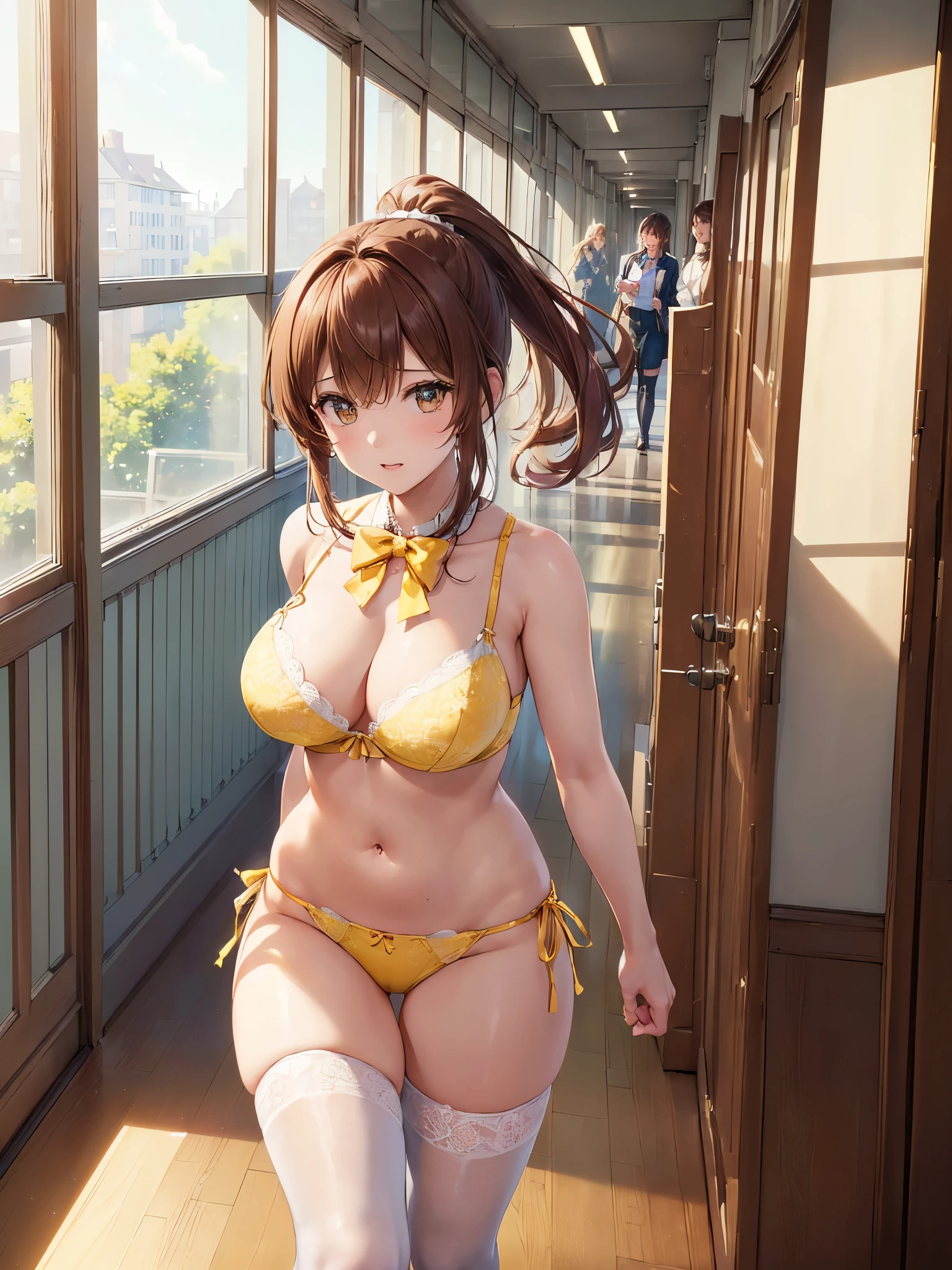 Absurd, Super detailedな,(In 8K:1.3),Masseter muscle area,(masterpiece:1.2)、(highest quality)、4k、Super detailed、(Movement Structure:1.4)、(Shining Lights、Atmosphere lighting), High resolution, Best Quality、(One girl:1.4),Super detailedな,Bright colors、Treebreak Production Art、(Warm color light source:1.2),High-level image quality、Fine image quality、Intricate details,Volumetric Lighting,Realism BREAK、Profile、 Idol face、15 years old、Very beautiful face and eyes, Beautiful images、 natural make up、big eyes、 (Big Tits:1.5)、(Breast bags:1.4), (glossy skin :1.5)、(brown hair,a short bob:1.2), (orgasm face:1.2)、 (Delicate and detailed、Canary Yellow、bra, lowleg panties, lowleg:1.5)、 Plump thighs、 (A dance hall with shining chandeliers:1.5) 、 (Baby Face:1.4)、、 overhead shotbra, rio-cut panties