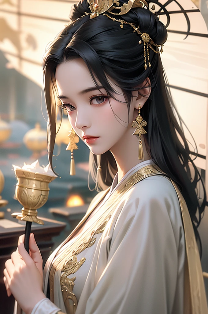 Black Hair, Immortal, Beauty, Royal sister, Stepmother, White Taoist robe, Golden Phoenix Coronet, Hair Bunch, Mature Woman