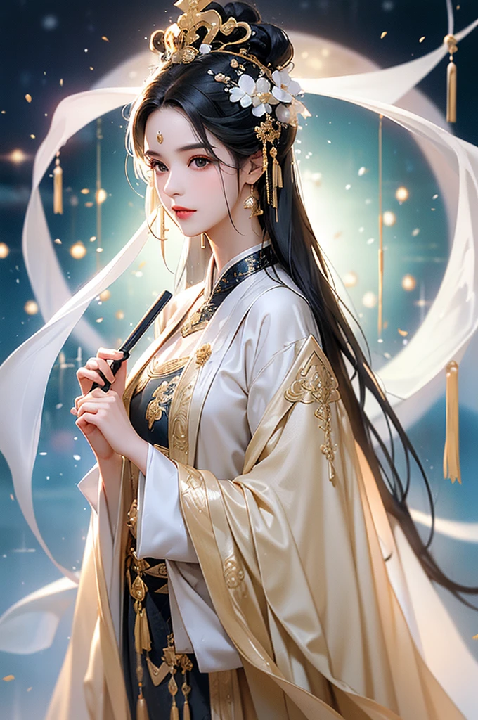 Black Hair, Immortal, Beauty, Royal sister, Stepmother, White Taoist robe, Golden Phoenix Coronet, Hair Bunch, Mature Woman