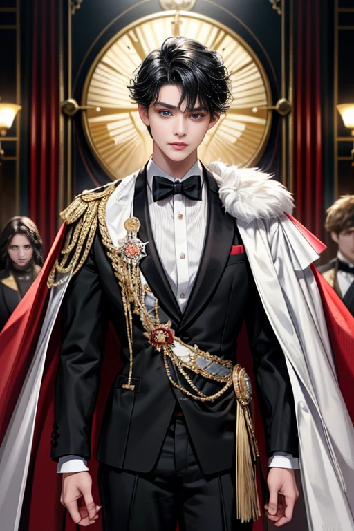 masterpiece, 最high quality, high quality, 1 boy, alone, Male focus, Watching the audience, Messy black hair, Adorable big blue eyes, White, Noble, Noble,A sexy, voluminous, puffy cape、tuxedo、A very voluminous, large, very large, very large, long, long red and black cape with a high stand-up collar, made of a lot of fabric that reaches down to the floor., ,Cute beautiful boys,Cute, cute, kind, handsome guy