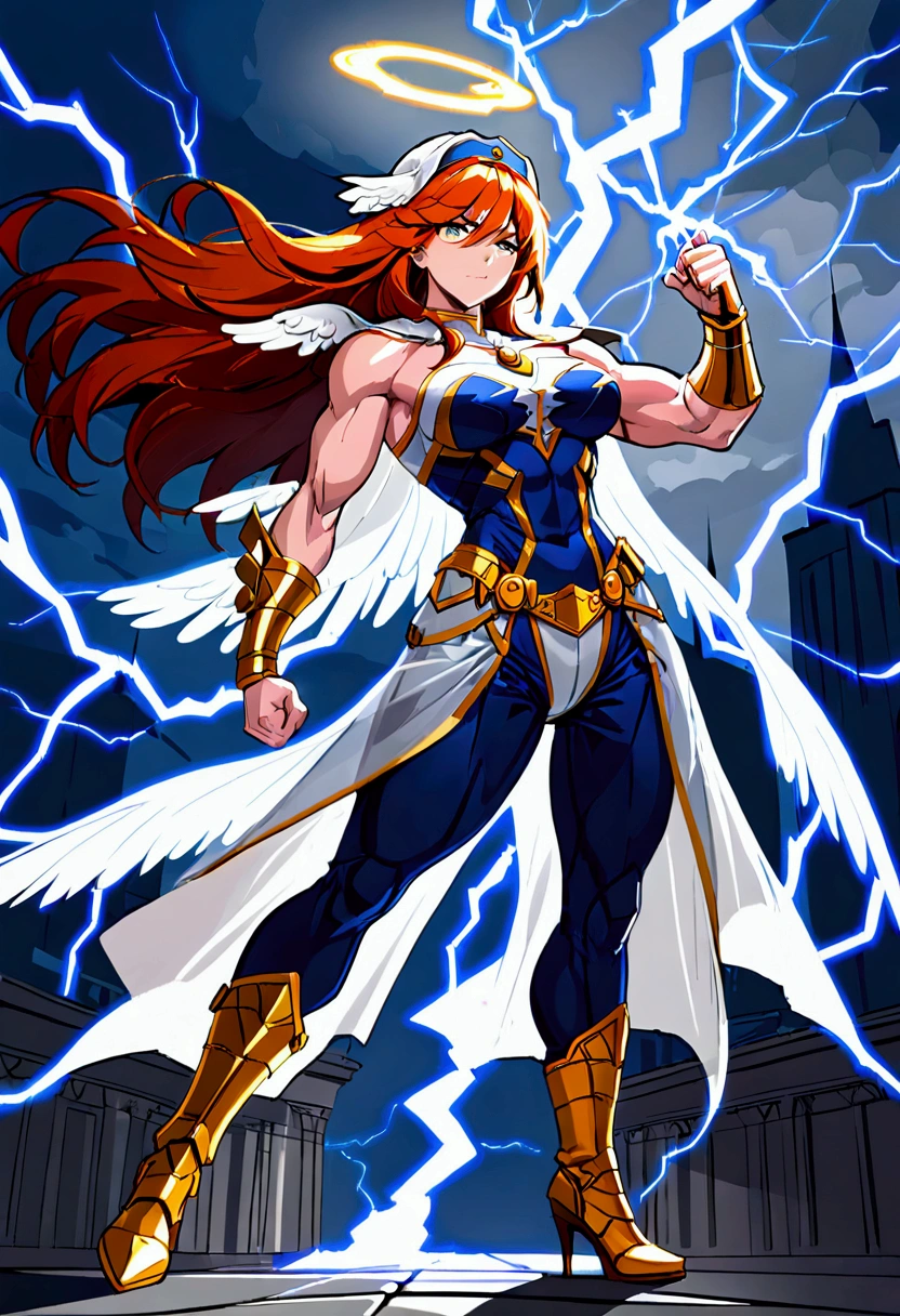 a_mighty_female_Valkyrie (((strong big muscles, heavy weighted))) a_sisters_veil_on_head (a navy blue veil) skin_color (light brown skin with freckles on face) eye_color (eyes are green) hair_color (brown and orange hair) armor_for_torso (silver gray armor) pants (bell bottom pants blue) high_heel_boots (white high heel boots) super_power_of_lightning ((casting lightning from hands)) (((masterpiece, Best quality, amazing, beautiful, heroic, saving the day, high resolution, angel wings)))