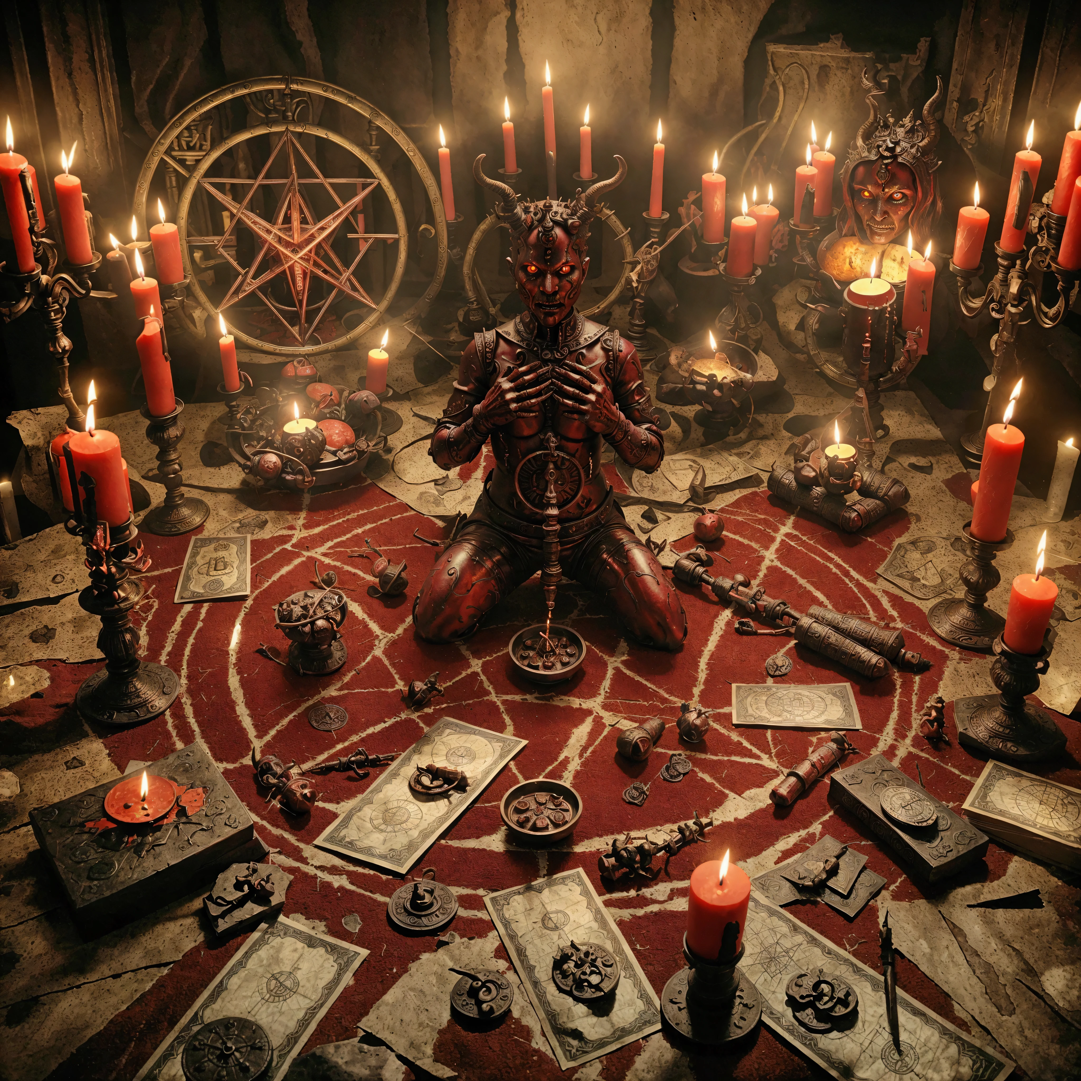 Artwork image of a demon sitting at a table surrounded by candles and money., scary horrible satanic rituals, satanic ritual, Demon Sanctuary, demonic magic ritual, Abstract occult epic composition, satanism, Summoning ancient demons, Hidden ritual, King of Hell, sacrificial altar, hell scheme, 8k Very detailed ❤🔥 🔥 💀 🤖 🚀, conjure demons