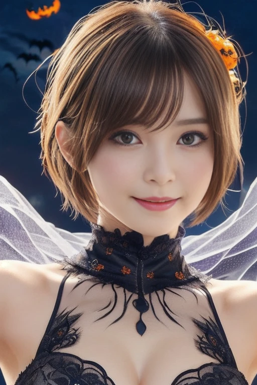 ((from below,upper body),a 25 years old girl, detailed cutie face, Beautiful, evenly balanced, detailed eyes, detailed dropped eyes, beautiful charming smile, extremely detailed face,slender body,short hair,anime style, (halloween costume):2.0), Highres fix,colorful lights, pumpkin decorations, haunted house, best quality, 4K, highres, masterpiece, realistic, photorealistic, photo-realistic, vivid colors, intricate details, fantasy, soft lighting, magical